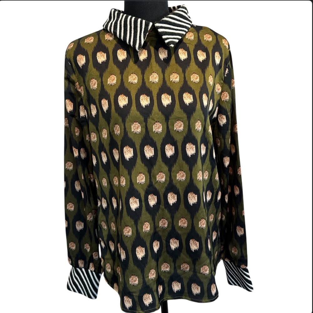Penelope Olive Patterned Blouse w/ Wool Striped Collar & Sleeve Cuffs Sz Large